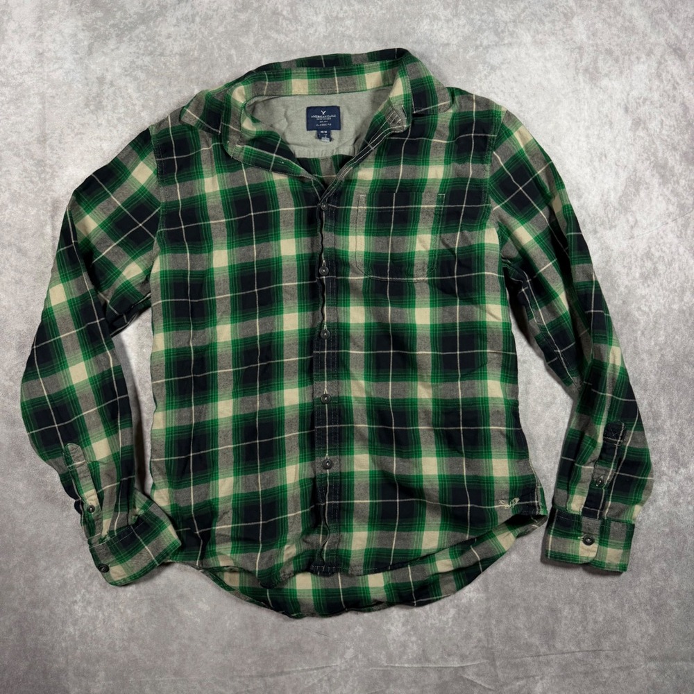 American Eagle Men's Classic Fit Flannel Shirt Green Plaid Medium Super Soft